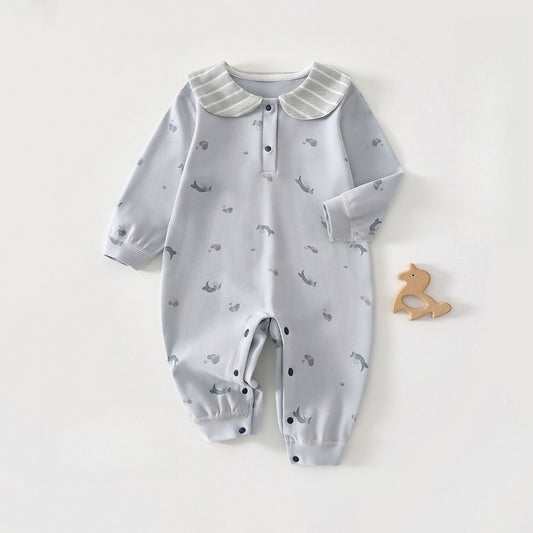 100% Cotton Snap-up Long-Sleeve Romper - Blue Dolphin