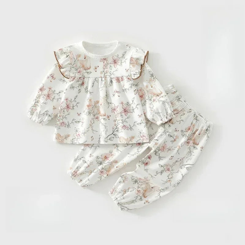 100% Cotton Long Sleeve Top & Pants Set - Floral Garden