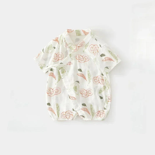 Cotton & Bamboo Muslin Short Sleeve Kimono Romper - Banana - Organic Cotton Clubs
