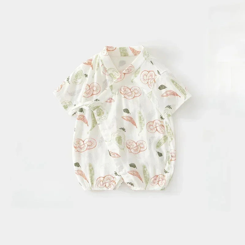 Cotton & Bamboo Muslin Short Sleeve Kimono Romper - Banana - Organic Cotton Clubs
