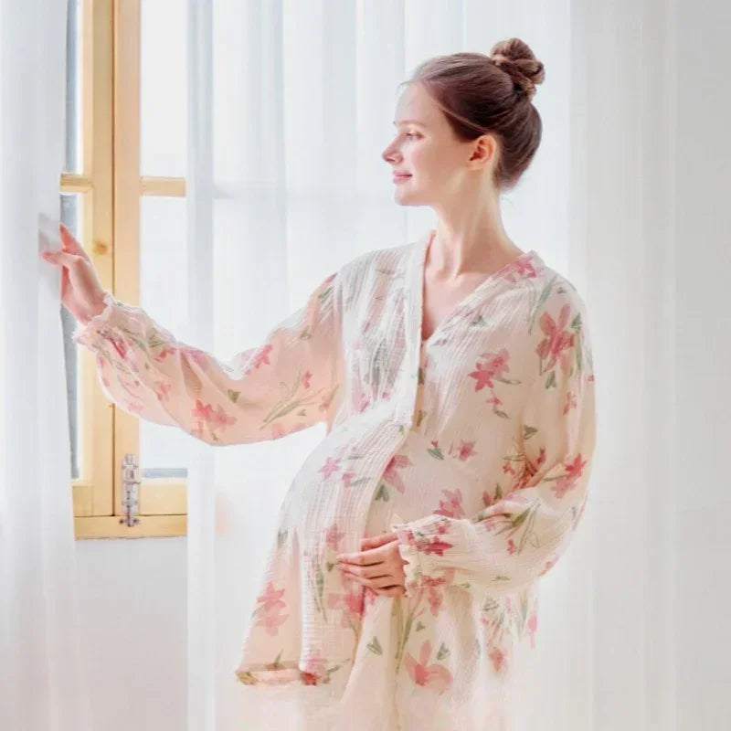 100% Cotton Muslin Maternity & Nursing Pajama Set- Purple Flowers - Organic Cotton Clubs