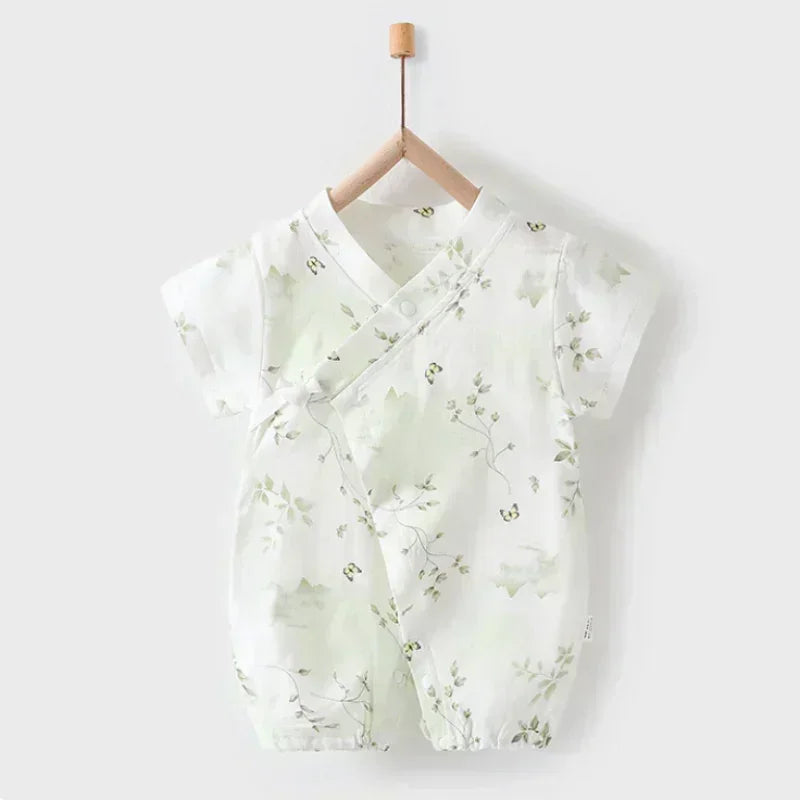 Cotton & Bamboo Muslin Short Sleeve Romper - Water Lily - Organic Cotton Clubs