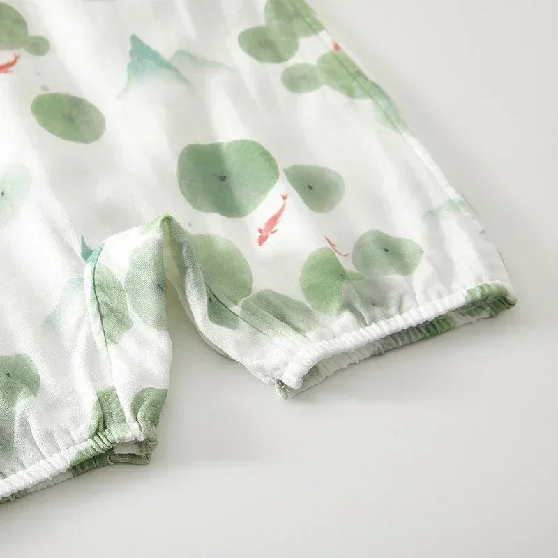 Cotton & Bamboo Muslin Short Sleeve Kimono Romper - Lemon - Organic Cotton Clubs