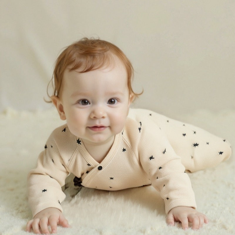 Cotton Long Sleeve Kimono Romper - Beige Star