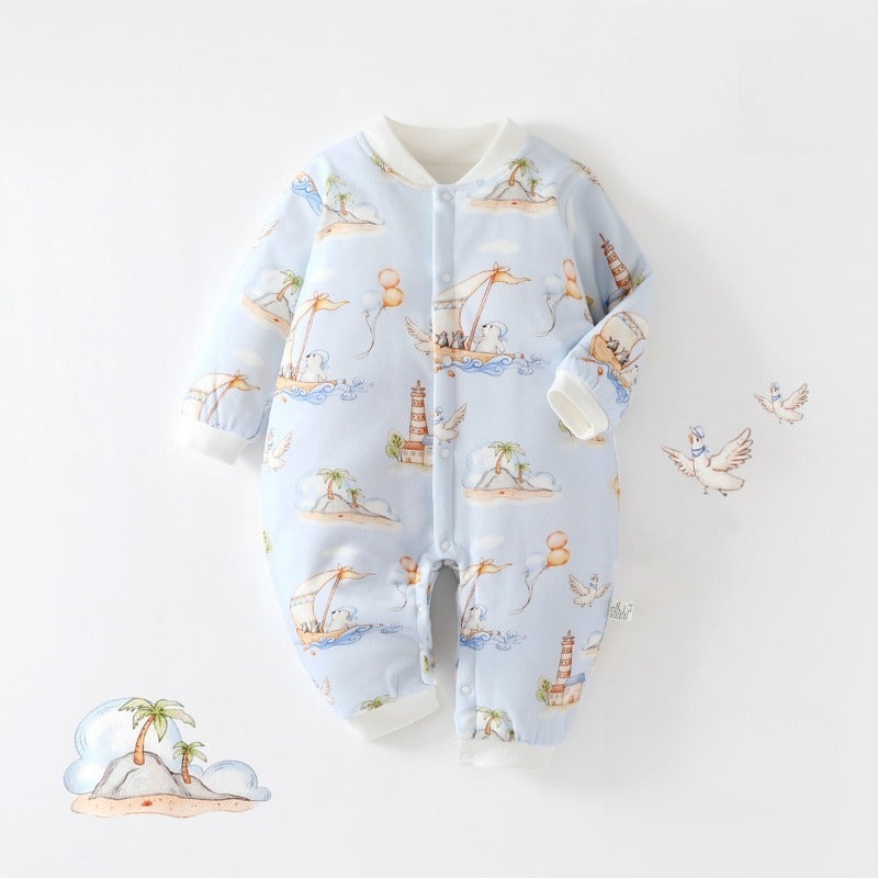 100% Cotton Quilted Long Sleeve Snap-Up Romper - Blue Pirate Ship