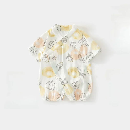 Cotton & Bamboo Muslin Short Sleeve Kimono Romper - Banana - Organic Cotton Clubs