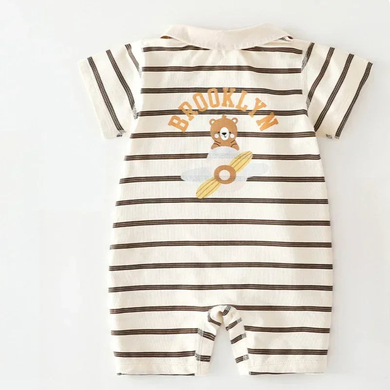 Cotton Short Sleeve Snap-Up Romper - Red Stripe & Bear - Organic Cotton Clubs
