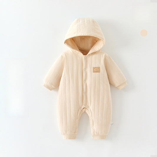 100% Cotton Quilted Hoodie Snap-Up Romper - Beige