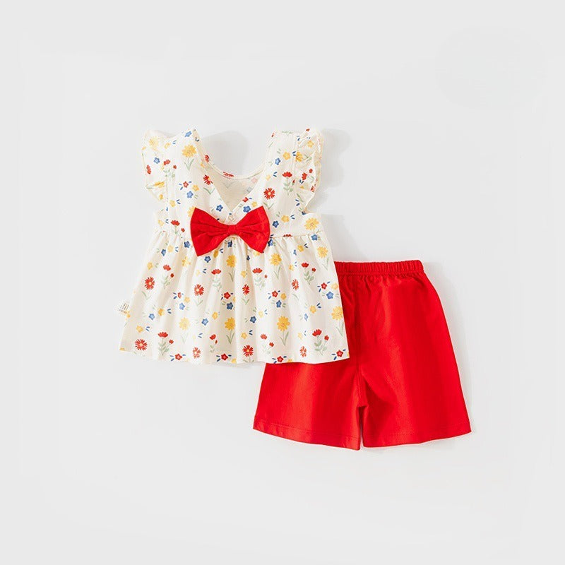 100% Cotton Flutter-Sleeve Top & Pants Set - Floral Garden & Bowknot - Organic Cotton Clubs
