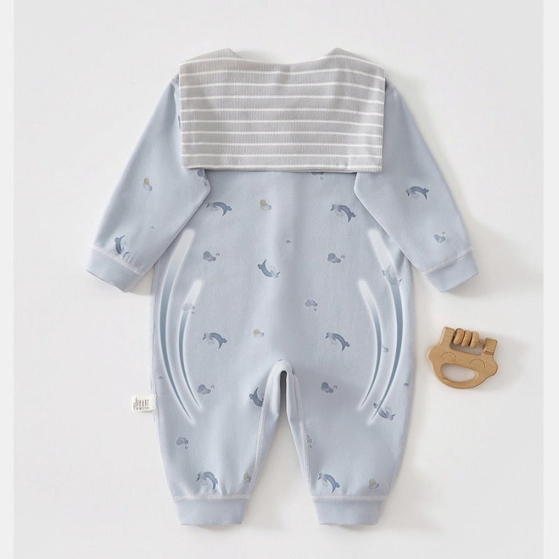 100% Cotton Snap-up Long-Sleeve Romper - Blue Dolphin