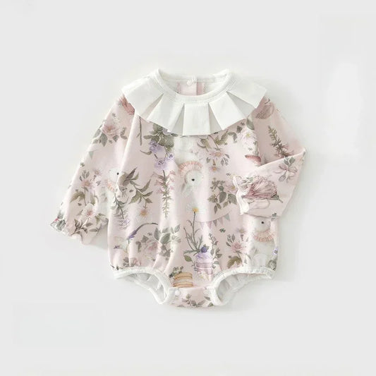 100% Cotton Long Sleeve Pullover Bodysuit - Pink Bunny Garden