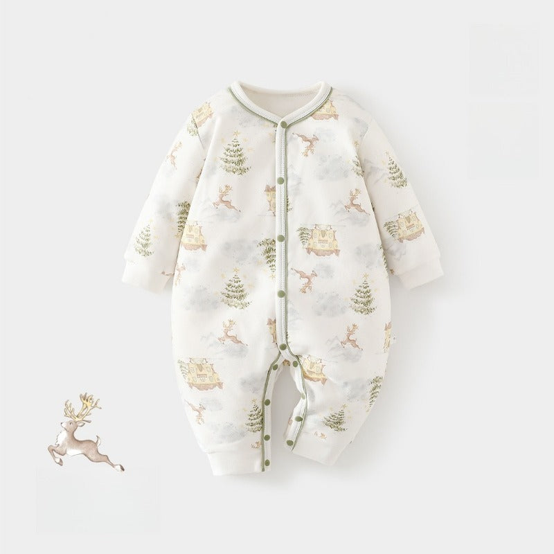 100% Cotton Quilted Long Sleeve Snap-Up Romper - Blue Tree