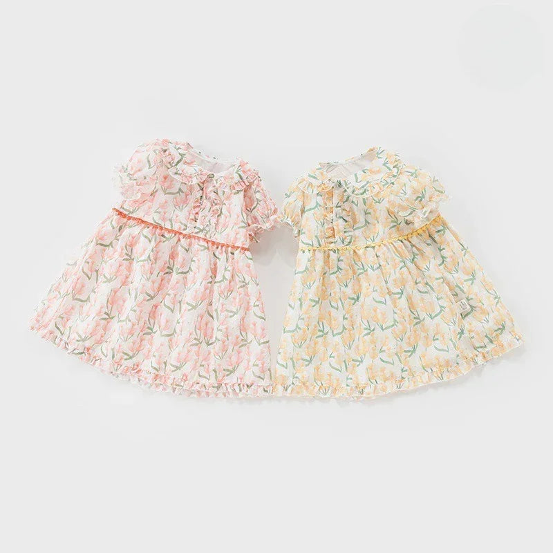 Cotton Short-Sleeve Princess Dress - Yellow Tulip - Organic Cotton Clubs