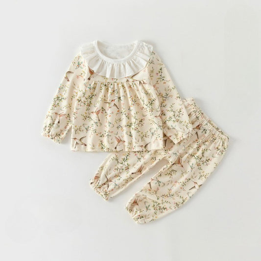 100% Cotton Long Sleeve Top & Pants Set - Yellow Spring Leaves