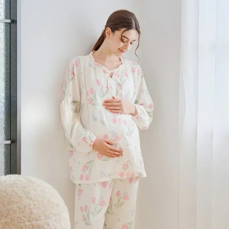 Organic Cotton Muslin Button-Up Maternity & Nursing Pajama - Morning Glory - Organic Cotton Clubs