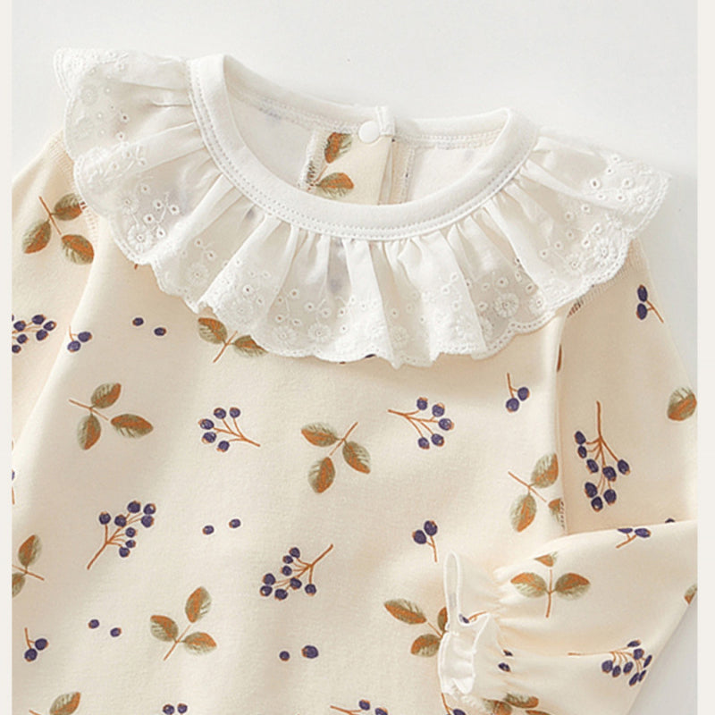 100% Cotton Long Sleeve Snap-Up Romper - Fruits & Leaves - Organic Cotton Clubs