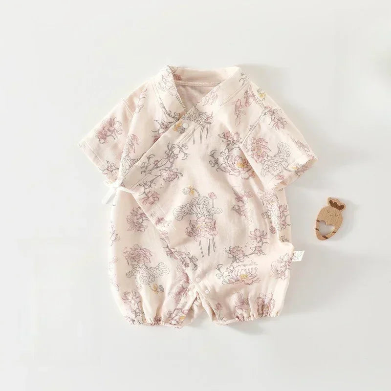 Cotton & Bamboo Muslin Short Sleeve Kimono Romper - Flamingos & Giraffes - Organic Cotton Clubs
