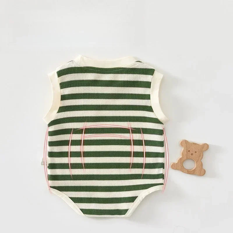 Cotton Sleeveless Overhead Bodysuit - Red Stripe & Bear - Organic Cotton Clubs