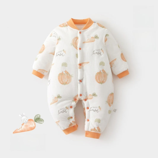 100% Cotton Quilted Long Sleeve Snap-Up Romper - Bunny with Pumpkin