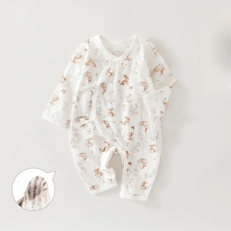 100% Cotton Long Sleeve Kimono Romper - Bunny & Blue Flowers