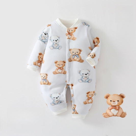 100% Cotton Quilted Long Sleeve Snap-Up Romper - Cute Bear