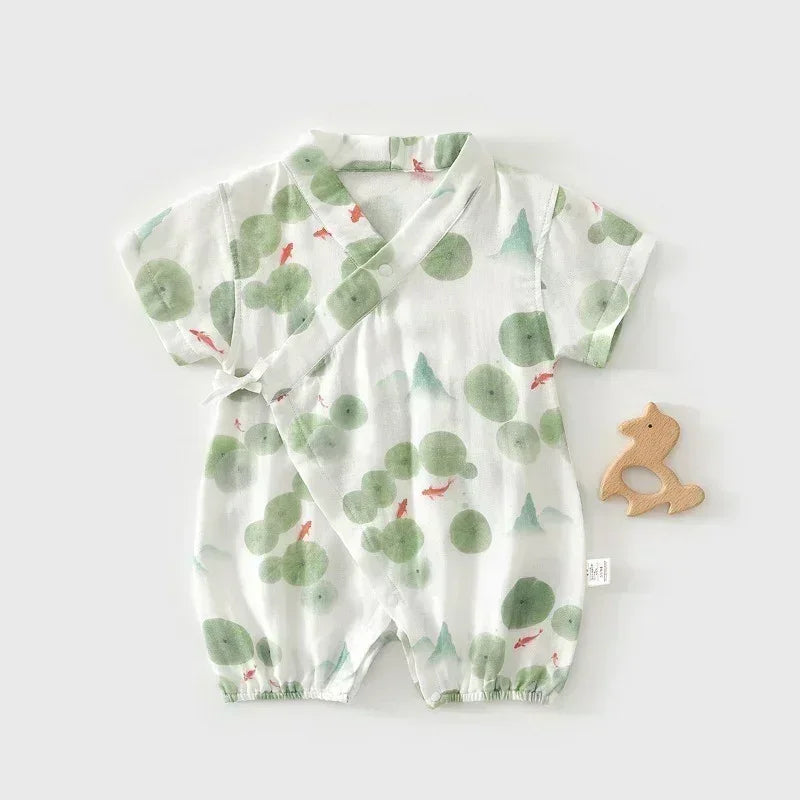 Cotton & Bamboo Muslin Short Sleeve Kimono Romper - Lemon - Organic Cotton Clubs