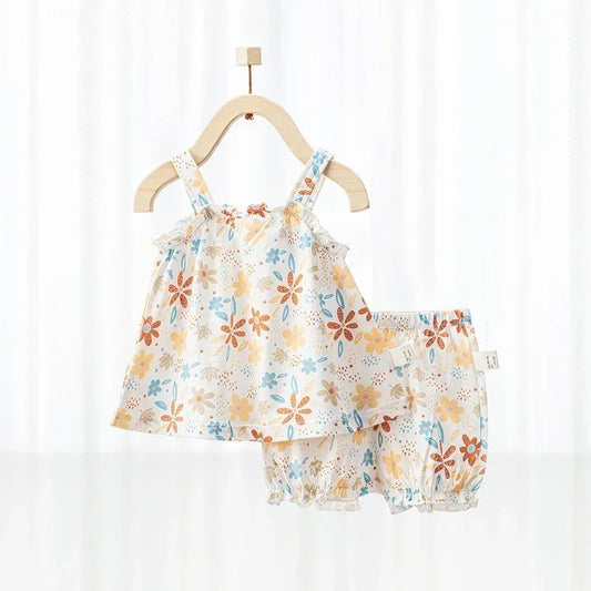 100% Cotton Flutter-Sleeve Top & Pants Set - Floral Garden & Bowknot - Organic Cotton Clubs