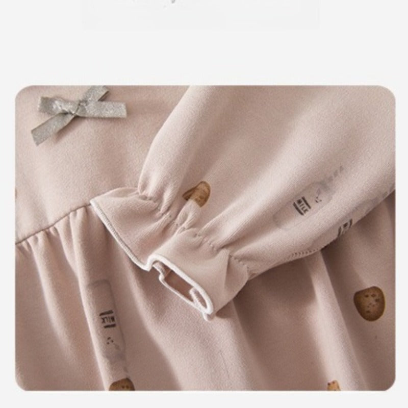100% Cotton Snap-up Long-Sleeve Romper - Cookie & Bowknot