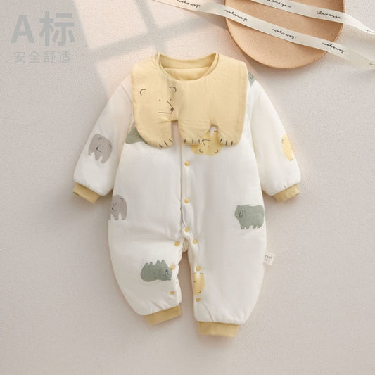 100% Cotton Extra Warm Long Sleeve Quilted Romper with Bib- Yellow Bear