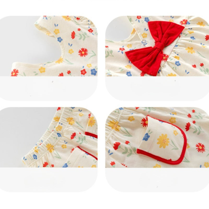 100% Cotton Flutter-Sleeve Top & Pants Set - Floral Garden & Bowknot - Organic Cotton Clubs
