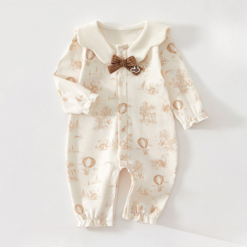 100% Cotton Long Sleeve Snap-Up Romper - Bowknot with Flowers - Organic Cotton Clubs