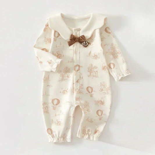 100% Cotton Long Sleeve Snap-Up Romper - Bowknot with Flowers - Organic Cotton Clubs