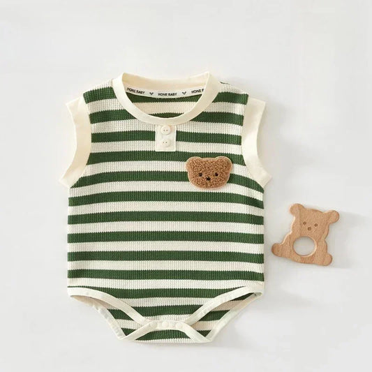 Cotton Sleeveless Overhead Bodysuit - Red Stripe & Bear - Organic Cotton Clubs