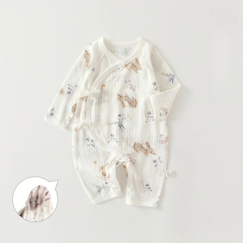 100% Cotton Long Sleeve Kimono Romper - Bunny & Blue Flowers