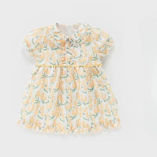 Cotton Short-Sleeve Princess Dress - Yellow Tulip - Organic Cotton Clubs