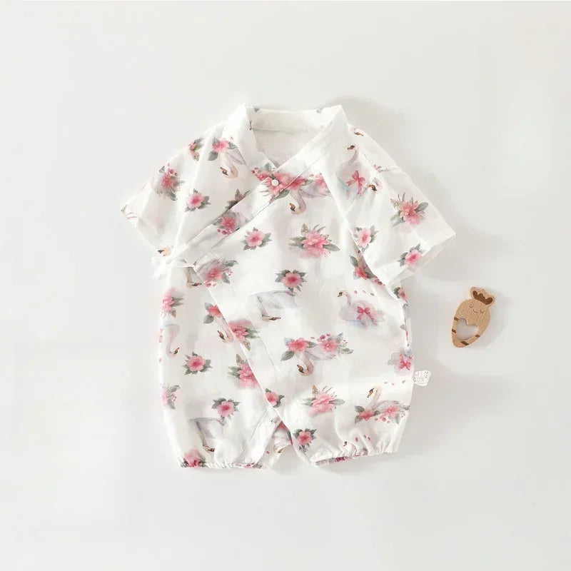 Cotton & Bamboo Muslin Short Sleeve Kimono Romper - Flamingos & Giraffes - Organic Cotton Clubs