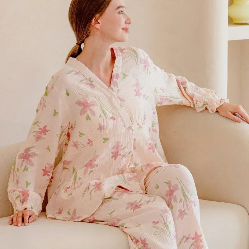 100% Cotton Muslin Maternity & Nursing Pajama Set- Purple Flowers - Organic Cotton Clubs