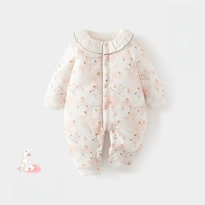100% Cotton Long Sleeve Snap-Up Quilted Romper - Bunny & Flowers