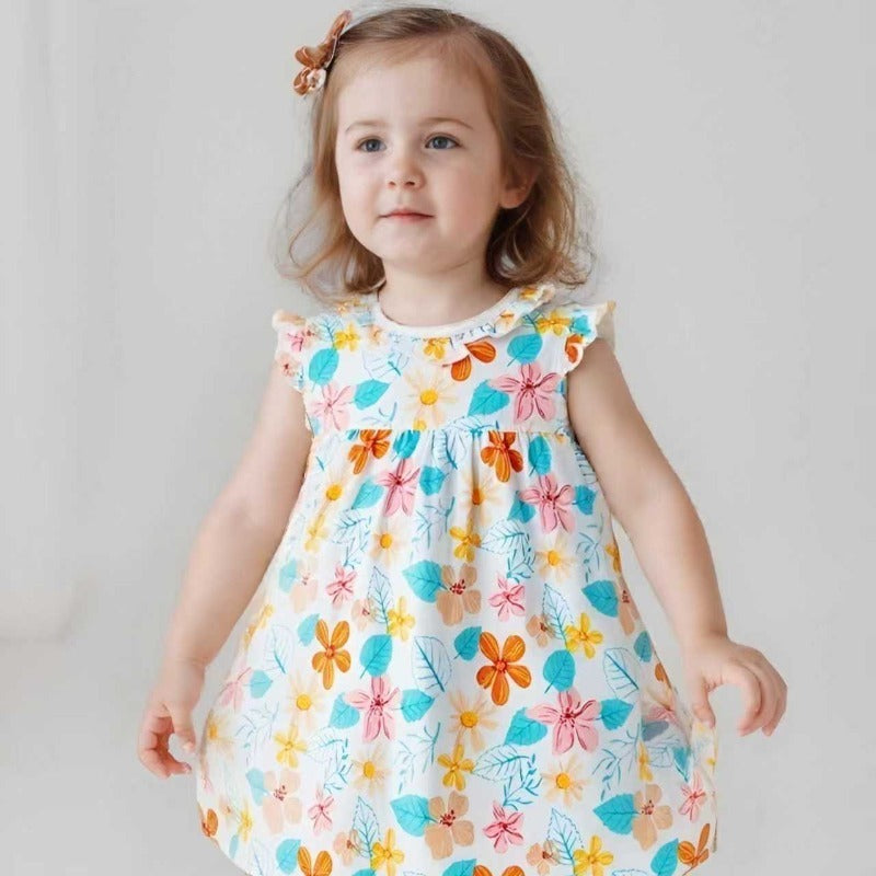 100% Cotton Flutter-Sleeve Dress - Orange Spring Flowers