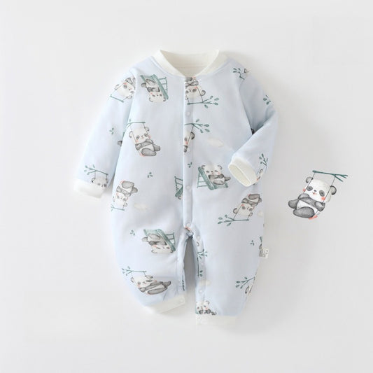 100% Cotton Quilted Long Sleeve Snap-Up Romper - Blue Panda