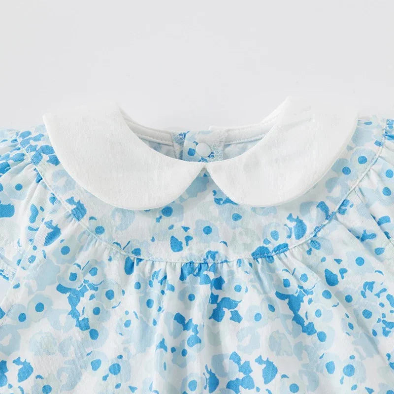 100% Cotton Flutter-Sleeve Dress - Blue Flowers - Organic Cotton Clubs