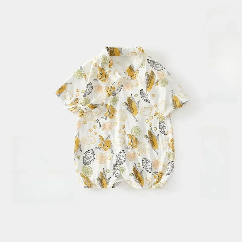 Cotton & Bamboo Muslin Short Sleeve Kimono Romper - Banana - Organic Cotton Clubs