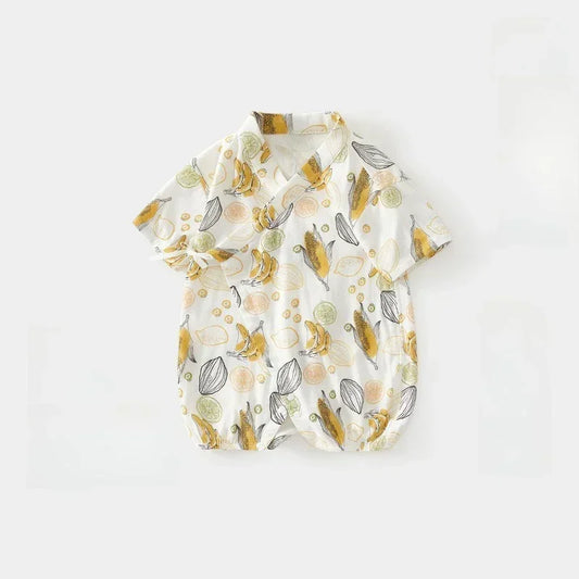 Cotton & Bamboo Muslin Short Sleeve Kimono Romper - Banana - Organic Cotton Clubs