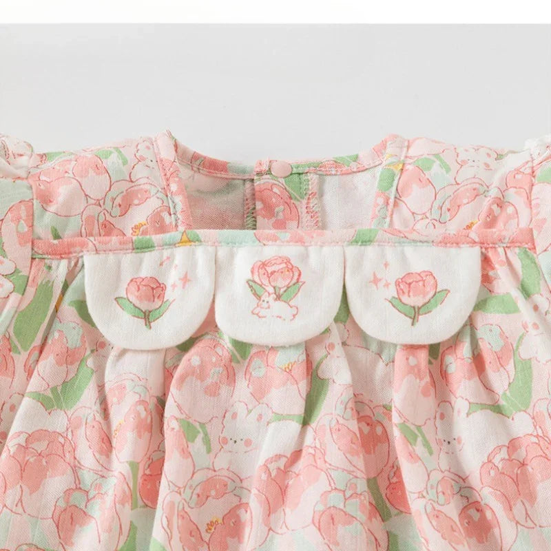 100% Cotton Flutter-Sleeve Dress - Pink Blossom - Organic Cotton Clubs