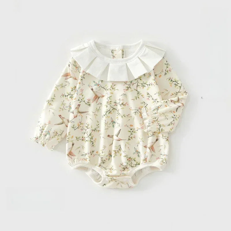 100% Cotton Long Sleeve Rompers & Bodysuit & Outfits- Yellow Spring Leaves