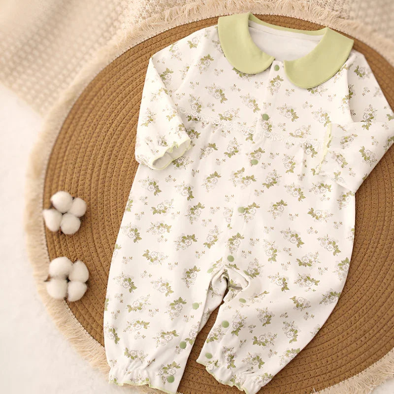100% Cotton Long Sleeve Floral Romper - Green Garden - Organic Cotton Clubs