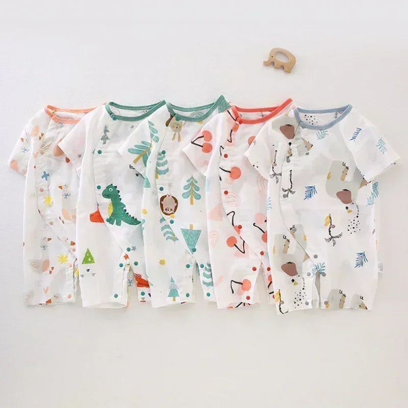 Cotton & Bamboo Muslin Short Sleeve Romper - Blue Dinosuar - Organic Cotton Clubs