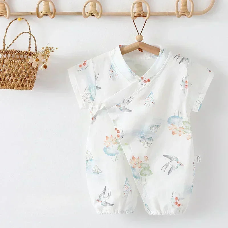 Cotton & Bamboo Muslin Short Sleeve Romper - Water Lily - Organic Cotton Clubs