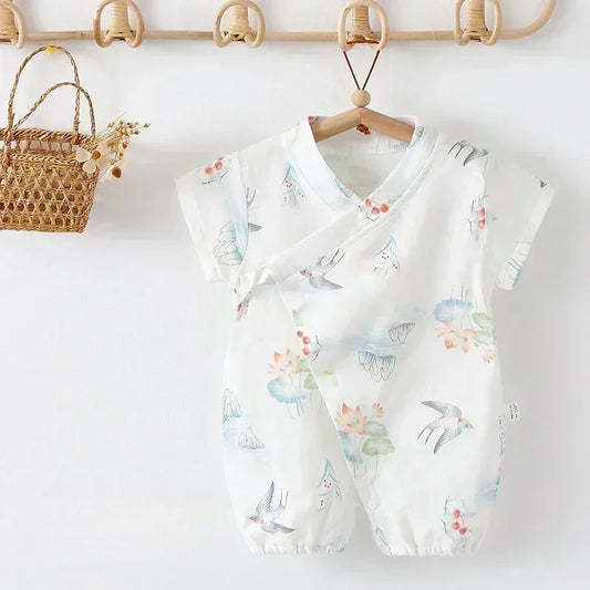 Cotton & Bamboo Muslin Short Sleeve Romper - Water Lily - Organic Cotton Clubs