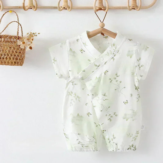 Cotton & Bamboo Muslin Short Sleeve Romper - Water Lily - Organic Cotton Clubs